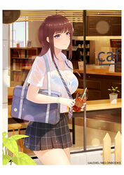  ahoge alexiel_(pixiv6211566) bag blue_bra blunt_bangs bookshelf border bra bra_visible_through_clothes bracelet breasts brown_hair cafe checkered_clothes checkered_skirt closed_mouth collared_shirt commentary_request counter cowboy_shot cup dress_shirt female glass highres holding holding_cup holding_necktie jewelry large_breasts long_hair necktie original plant purple_eyes school_bag school_uniform see-through shirt short_sleeves sidelocks skirt smile solo standing storefront thighs underwear undone_necktie uniform wet wet_clothes white_border white_shirt window 