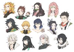  3girls 6+boys absurdres agatsuma_zenitsu aqua_hair bandages bead_necklace beads bird bit_gag black_hair blonde_hair blue_hair boar_mask braid brown_hair butterfly_hair_ornament checkered_haori chuntarou_(kimetsu_no_yaiba) commentary cropped_shoulders demon_slayer_uniform earrings gag green_hair grin hair_ornament haori hashibira_inosuke headband heterochromia highres himejima_gyoumei iguro_obanai japanese_clothes jewelry kaburamaru kamado_nezuko kamado_tanjirou kanroji_mitsuri kimetsu_no_yaiba kochou_shinobu korean_text long_hair mask mole mole_under_eye multicolored_hair multiple_boys multiple_girls necklace on_shoulder orange_hair papajay_(jennygin2) pink_hair ponytail purple_hair red_hair rengoku_kyoujurou scar scar_on_chest scar_on_face scar_on_forehead scar_on_nose shinazugawa_sanemi simple_background smile snake sparrow symbol-only_commentary thick_eyebrows tokitou_muichirou tomioka_giyuu twin_braids uzui_tengen white_background white_hair white_snake 