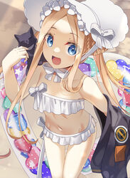  abigail_williams_(fate) abigail_williams_(swimsuit_foreigner)_(fate) abigail_williams_(swimsuit_foreigner)_(third_ascension)_(fate) bare_shoulders bikini black_cat black_jacket blonde_hair blue_eyes blush bonnet bow breasts fate/grand_order fate_(series) feline female forehead hairbow highres innertube jacket long_hair looking_at_viewer miniskirt navel open_mouth parted_bangs ryofuhiko sidelocks skirt small_breasts smile solo swim_ring swimsuit thighs twintails very_long_hair white_bikini white_bow white_headwear 