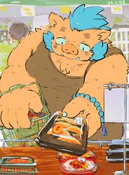  2020 absurd_res anthro brown_body brown_fur buta5kawa clothing detailed_background food fur ganglie_(tas) hi_res humanoid_hands kemono lifewonders male mammal overweight overweight_anthro overweight_male shirt solo suid suina sus_(pig) tank_top tokyo_afterschool_summoners topwear wild_boar 