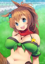  :d animal_ears armband bare_shoulders blue_eyes blue_pupils breasts brown_hair cleavage covered_nipples detached_sleeves deto female front-tie_top green_armband hair_between_eyes hair_ornament head_tilt highres horse_ears horse_girl jewelry large_breasts looking_at_viewer medium_hair midriff navel necklace ponytail red_scarf scarf short_sleeves smile solo star_(symbol) star_hair_ornament sweat taiki_shuttle_(umamusume) teeth twitter_username umamusume 