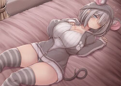  alternate_costume animal_ears animal_hood bed_sheet blue_eyes breasts cleavage collarbone commentary_request female flying_sweatdrops grey_hair grey_jacket hair_ornament hair_over_one_eye hairclip hamakaze_(kancolle) highres hood hooded_jacket huge_breasts jacket jema kantai_collection long_sleeves mouse_ears mouse_tail short_hair solo striped_clothes striped_thighhighs tail thighhighs zipper zipper_pull_tab 