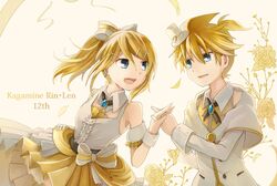  1boy absurdres amulet anniversary bare_shoulders bass_clef blonde_hair blue_eyes bow capelet character_name collar commentary detached_collar dress earrings female flower frilled_dress frills hair_ornament hairbow hairclip hat highres holding_hands jacket jewelry kagamine_len kagamine_rin layered_dress looking_at_another mini_hat mini_top_hat open_mouth ponytail rose short_hair short_ponytail smile spiked_hair suit_jacket top_hat treble_clef upper_body vocaloid wakolenrin white_capelet white_collar white_jacket yellow_flower yellow_rose 