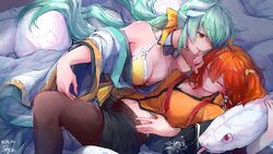  2girls absurdres ahoge aqua_hair bare_shoulders blush breasts cleavage closed_eyes closed_mouth fate/grand_order fate_(series) fujimaru_ritsuka_(female) fujimaru_ritsuka_(female)_(mage&#039;s_association_uniform) highres horns kiyohime_(fate) kiyohime_(swimsuit_lancer)_(fate) kiyohime_(swimsuit_lancer)_(first_ascension)_(fate) large_breasts long_hair looking_at_another medium_hair multiple_girls official_alternate_costume open_clothes open_shorts orange_hair parted_lips pin.s scrunchie shorts side_ponytail signature smile snake twitter_username white_snake yellow_eyes yellow_scrunchie yuri 