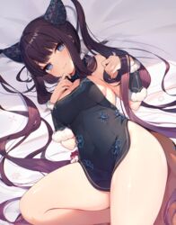  bangs bare_shoulders black_dress blue_eyes blunt_bangs blush breasts china_dress chinese_clothes cleavage closed_mouth commentary_request covered_navel detached_sleeves dress eyebrows_visible_through_hair fate/grand_order fate_(series) female finger_to_chin floral_print hair_ornament highres holding holding_hair large_breasts long_hair looking_at_viewer lying muryotaro on_side purple_hair revision sidelocks smile solo thighs twintails very_long_hair yang_guifei_(fate/grand_order) 