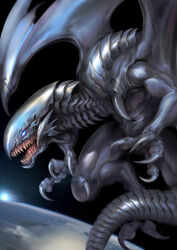  absurdres alien blue-eyes_white_dragon blue_eyes carapace claws dragon duel_monster earth_(planet) flying highres no_humans open_mouth planet scales sharp_teeth space teeth witnesstheabsurd yu-gi-oh! 