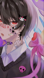  1other 90_cis adobe_illustrator_(medium) androgynous bad_id bad_pixiv_id bandaid black_hair bow brown_hair cross ear_piercing hair_ornament hairclip highres looking_at_viewer mole mole_under_mouth oerba_yun_fang original pale_skin piercing red_eyes skull solo sticker yami_kawaii 