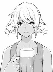  absurdres alcohol bare_shoulders beer beer_mug collarbone commentary_request cup dark-skinned_female dark_skin female flying_witch greyscale highres holding holding_cup ishizuka_chihiro kowata_akane looking_at_viewer monochrome mug parted_lips shirt sidelocks simple_background sleeveless sleeveless_shirt solo swept_bangs twintails upper_body v-shaped_eyebrows white_background 