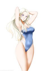  absurdres armpits arms_up banned_artist bare_arms bare_legs blue_swimsuit breasts cleavage collarbone competition_swimsuit covered_navel edelgard_von_hresvelg female fire_emblem fire_emblem:_three_houses highleg highleg_swimsuit highres kimmy77 large_breasts long_hair looking_at_viewer one-piece_swimsuit parted_lips purple_eyes simple_background solo standing straight_hair swimsuit very_long_hair white_background white_hair 