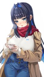  absurdres black_hair blue_eyes blue_hair blue_pants blunt_bangs breasts breath brown_coat coat coffee colored_inner_hair cowboy_shot cup denim ear_piercing female hair_intakes highres holding holding_cup hololive hololive_english jeans large_breasts long_hair long_sleeves multicolored_hair oerba_yun_fang open_clothes open_coat open_mouth ouro_kronii ouro_kronii_(casual) pants piercing red_scarf scarf simple_background skin_fang sleeves_past_wrists smile solo sweater teacup two-tone_hair virtual_youtuber white_background white_sweater yan.c 