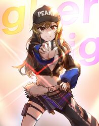  anzo_(anzu_elichi0928) brown_eyes brown_hair commentary_request d4dj english_text female hat highres holding holding_microphone jacket long_hair looking_at_viewer microphone sidelocks smile solo yamate_kyouko 