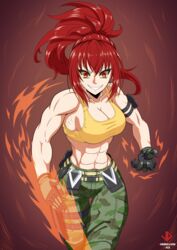  abs alternate_hair_color arm_pouch biceps black_gloves breasts camouflage camouflage_pants cargo_net cleavage commentary_request crazy_eyes crop_top dark_persona earrings evil_grin evil_smile female fighting_stance flaming_hand gloves grin highres jewelry large_breasts leona_heidern long_hair muscular muscular_female orange_sports_bra orochi_leona pants ponytail rape_face red_eyes red_hair sleeveless smile solo sports_bra the_king_of_fighters triangle_earrings vermillion_dice 