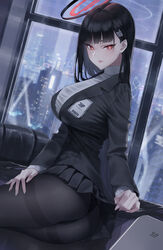  absurdres ass banana_oekaki black_hair black_panties black_pantyhose black_suit blue_archive breasts cityscape clothes_lift commentary female formal hair_ornament hairclip halo highres id_card lace-trimmed_panties lace_trim large_breasts lifting_own_clothes long_hair looking_at_viewer miniskirt panties panties_under_pantyhose pantyhose pleated_skirt red_eyes revision rio_(blue_archive) seiza sitting skirt skirt_lift solo suit sweater tablet_pc turtleneck turtleneck_sweater underwear 