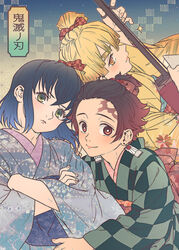  3boys agatsuma_zenitsu alternate_costume biwa_lute blonde_hair blue_hair blue_kimono blue_sash blush bright_pupils brown_eyes brown_hair checkered_clothes checkered_kimono closed_mouth commentary_request crossed_arms earrings expressionless fingernails floral_print forehead_tattoo green_eyes hair_ribbon haori hashibira_inosuke highres instrument japanese_clothes jewelry kamado_tanjirou kimetsu_no_yaiba kimono kyusui_polymer lips lipstick long_sleeves looking_at_viewer lute_(instrument) makeup male_focus multicolored_hair multiple_boys music obi playing_instrument print_kimono ribbon sash smile sparkle tied_hair translated two-tone_hair two_side_up white_pupils yellow_eyes yellow_kimono 