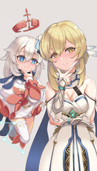  2girls bare_shoulders blonde_hair blue_eyes blush breasts capelet cleavage dress feather_hair_ornament feathers floating flower gauntlets genshin_impact hair_between_eyes hair_flower hair_ornament highres jamgom looking_at_viewer lumine_(genshin_impact) multiple_girls paimon_(genshin_impact) romper short_hair smile white_dress white_hair white_legwear white_romper yellow_eyes 