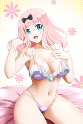  :d bangs banned_artist bare_arms bare_legs bed_sheet bikini black_bow blue_eyes blunt_bangs bow breasts cleavage collarbone female fujiwara_chika hairbow hand_in_own_hair highres kaguya-sama_wa_kokurasetai_~tensai-tachi_no_renai_zunousen~ kimmy77 large_breasts long_hair looking_at_viewer multi-strapped_bikini navel pink_hair purple_bikini shiny shiny_hair sideboob sitting smile solo swimsuit watermark web_address 