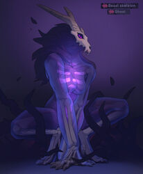  anthro barely_visible_nipples bone breasts crouching digitigrade female ghost glowing_chest hi_res horn mammal mask nipples nude pupils purple_body purple_sclera saintmonstre skeleton skull_mask slit_pupils solo spirit translucent translucent_body unknown_species visible_bone 