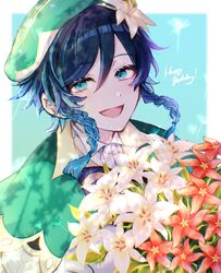  1boy androgynous beret black_hair blue_hair bouquet bow braid cape cecilia_flower_(genshin_impact) collared_cape collared_shirt commentary dandelion english_text flower genshin_impact gradient_hair green_background green_eyes green_hat hair_flower hair_ornament happy_birthday hat highres holding holding_bouquet leaf looking_at_viewer male_focus multicolored_hair open_mouth red_flower rikka_44 shirt short_hair_with_long_locks simple_background smile solo twin_braids venti_(genshin_impact) white_flower white_shirt windwheel_aster_(genshin_impact) 