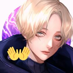  apex_legends blonde_hair blue_bodysuit blue_eyes bodysuit emoji female head_tilt highres hood hooded_jacket jacket lichtenberg_figure light_smile looking_at_viewer parted_bangs portrait ribbed_bodysuit scar scar_on_cheek scar_on_face short_hair solo tama_(ponz3o1) wattson_(apex_legends) 