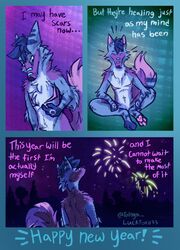  3_panel_comic andromorph_(lore) anthro arm_tuft blue_body blue_border blue_fur border canid canine cheek_tuft closed_eyes elbow_tuft english_text facial_tuft fireworks fluffy fluffy_tail fox fur green_background half-closed_eyes hi_res holidays luckfoxo33 male mammal mastectomy_scar multicolored_body narration narrowed_eyes new_year pawpads paws pink_pawpads purple_background purple_body purple_fur scar shoulder_tuft simple_background solo tail text tolng trans_(lore) trans_man_(lore) tuft 