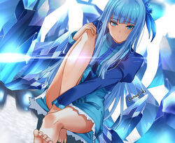  aona_(anagasaki) bare_legs barefoot blue_dress blue_eyes blue_flower blue_footwear blue_hair blue_jacket blush closed_mouth crystal dress feet_out_of_frame female flower hair_flower hair_ornament hand_on_own_knee hand_up ice isekai_ojisan jacket juliet_sleeves knee_up long_hair long_sleeves looking_at_viewer mabel_raybert parted_lips puffy_sleeves short_dress sitting sleeves_past_wrists solo twitter_username very_long_hair 