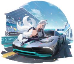  absurdres all_fours animal_ear_fluff animal_ears ass azur_lane backless_leotard blue_eyes boots breasts car crowd day female formula_one fox_ears high_heels highres huge_ass kitsune large_breasts leotard long_hair looking_at_viewer looking_back meme mercedes-amg_one motor_vehicle multiple_tails non-web_source official_art on_vehicle outdoors pleated_skirt race_queen shinano_(azur_lane) shinano_(moonlit_chrome)_(azur_lane) skirt soaryuna solo_focus sports_car tail thigh_boots thighhighs thong_leotard transparent_background vehicle_focus white_footwear white_hair 