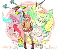  alcremie alcremie_(rainbow_swirl) alcremie_(strawberry_sweet) alternate_color alternate_hair_color alternate_hairstyle boots commentary_request cursola dated dragapult dreepy female food frosmoth fruit full_body galarian_rapidash gloria_(pokemon) hat hatterene long_hair looking_at_viewer miniskirt mizuto_(o96ap) pokemon pokemon_(creature) pokemon_swsh skirt standing strawberry thighhighs 