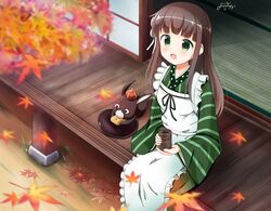  ama_usa_an_uniform anko_(gochiusa) apron blunt_bangs brown_hair crown cup female flower gochuumon_wa_usagi_desu_ka? green_eyes green_kimono hair_flower hair_ornament highres inakami japanese_clothes kimono long_hair open_door open_mouth polka_dot_trim rabbit sitting sliding_doors smile solo striped_clothes striped_kimono tatami tea teacup ujimatsu_chiya veranda white_apron white_flower 