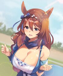  animal_ears blue_bow blue_dress blue_eyes blue_scarf blue_sky bow breasts brown_hair cleavage commentary ddolggol dress dutch_angle female hairbow hands_up highres horse_ears horse_girl large_breasts long_hair looking_at_viewer o-ring_dress open_mouth outdoors scarf sky solo super_creek_(umamusume) sweat umamusume upper_body 