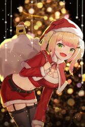  :d absurdres bad_id bad_pixiv_id black_thighhighs blonde_hair blush breasts christmas christmas_tree cleavage commentary_request crop_top female fur-trimmed_headwear fur-trimmed_skirt fur_trim garter_straps gloves green_eyes hair_ornament hairclip hat highres hololive iv_(iv70311741) leaning_forward long_sleeves looking_at_viewer medium_breasts medium_hair midriff miniskirt momosuzu_nene navel nekko_(momosuzu_nene) oerba_yun_fang official_alternate_hair_length official_alternate_hairstyle open_mouth pom_pom_(clothes) red_hat red_skirt sack santa_costume santa_hat skirt smile solo thighhighs twintails virtual_youtuber zettai_ryouiki 