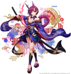  alternate_costume antlers blue_kimono breasts cleavage female full_body holding holding_sword holding_weapon horns japanese_clothes kimono long_sleeves looking_at_viewer medium_breasts nel_zelpher obi print_kimono purple_eyes purple_hair purple_horns rope sakiyamama sash short_hair solo standing star_ocean star_ocean_anamnesis star_ocean_till_the_end_of_time sword weapon wide_sleeves 