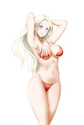  absurdres armpits arms_up banned_artist bare_arms bare_legs bikini breasts cleavage closed_mouth collarbone criss-cross_halter edelgard_von_hresvelg female fire_emblem fire_emblem:_three_houses floating_hair halterneck highres kimmy77 large_breasts long_hair multi-strapped_bikini navel purple_eyes red_bikini sideboob simple_background skindentation smile solo standing straight_hair swimsuit underboob very_long_hair white_background white_hair 