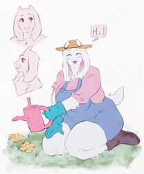  anthro big_breasts blush boots boss_monster_(undertale) bovid breasts caprine closed_eyes clothed clothing darkriallet dialogue digital_media_(artwork) english_text female fingers floppy_ears flower footwear fur furgonomics garden gardener gardening gloves hand_on_leg hand_on_own_leg hand_on_own_thigh hand_on_thigh handwear hat headgear headwear hi_res horn long_ears mammal mature_anthro mature_female open_mouth overalls pink_clothing pink_shirt pink_topwear plant shirt simple_background solo speech_bubble straw_hat tail text thick_thighs topwear toriel undertale undertale_(series) watering_can white_background white_body white_fur yellow_flower 