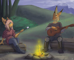  absurd_res anthro armor blue_eyes brown_body brown_fur brown_stripes caesars_legion campfire camping candy clothing dessert duo ear_stripes fan_character female flannel_shirt food footwear fur green_eyes guitar hair hi_res lady-darkstreak lagomorph leg_armor legate_lapinus_(character) leporid lombax male male/female mammal marshmallow mouth_scar musical_instrument pink_hair playing_guitar playing_music plucked_string_instrument rabbit ratchet_and_clank scar sitting sony_corporation sony_interactive_entertainment string_instrument stripes tan_body tan_fur yellow_body yellow_fur 