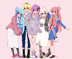  5girls adjusting_eyewear ahoge animal_print blonde_hair blue-framed_eyewear blue_hair blue_shirt blush boots brown_eyes closed_mouth commentary denim drawstring dress english_commentary flag_dress flag_print full_body glasses green_shirt hair_ornament hair_tie hair_tubes hairband hairclip hand_up highres hood hoodie jeans kizuna_akari kotonoha_akane kotonoha_aoi leaning_forward long_hair looking_at_viewer mary_janes multiple_girls open_mouth outstretched_arm pants pantyhose pink_background pink_hair plaid plaid_scarf protected_link purple_hair purple_hoodie rabbit_print red-framed_eyewear red_sweater scarf semi-rimless_eyewear shirt shoes sidelocks skirt smile sneakers standing star_(symbol) star_hair_ornament striped sweater tsurumaki_maki union_jack vertical_stripes vocaloid voiceroid white_dress white_hair white_skirt yusake_san yuzuki_yukari 