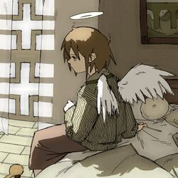  angel_wings bad_id bad_twitter_id bed bed_sheet brown_hair brown_skirt curtains feathered_wings female haibane_renmei halo highres looking_to_the_side on_bed pantsu-ripper pillow rakka_(haibane) sheet_grab shirt short_hair sitting skirt solo static_cling striped_clothes striped_shirt traditional_halo window wings 