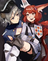  2022 2girls absurdres animal_ears arknights armored_boots artist_name ashlock_(arknights) ashlock_(elite_ii)_(arknights) blue_eyes blue_shirt boots breasts bright_pupils brown_eyes carrying cleavage ear_covers ear_tag flametail_(arknights) gauntlets grey_hair highres kart_prowler multiple_girls princess_carry shirt small_breasts squirrel_ears squirrel_girl squirrel_tail tail teeth upper_teeth_only visor_(armor) visor_lift white_pupils 