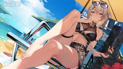  aether_gazer arm_strap artist_request bare_legs bare_shoulders barefoot beach beach_chair belt black_belt blue_eyes blush bottle breasts commentary_request crop_top day dutch_angle eyewear_on_head feet female grey_hair grin hair_between_eyes hand_up heterochromia highres holding holding_bottle kotachi_(aether_gazer) large_breasts long_hair looking_at_viewer navel official_art official_wallpaper outdoors red_eyes sarong second-party_source sitting smile solo sunglasses thigh_strap toes 