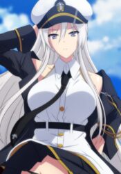  absurdres arm_behind_head arm_up azur_lane bare_shoulders belt black_belt black_coat black_necktie black_panties black_skirt blue_sky breasts closed_mouth cloud coat collarbone collared_shirt commentary_request cowboy_shot day enterprise_(azur_lane) female gold_trim grey_eyes grey_hair groin hair_between_eyes hat highres large_breasts long_hair looking_at_viewer makiri_akira md5_mismatch military_hat miniskirt necktie off_shoulder open_clothes open_coat panties pantyshot partial_commentary peaked_cap pleated_skirt resolution_mismatch shirt sidelocks skirt sky sleeveless sleeveless_shirt solo source_smaller standing underbust underwear very_long_hair white_hat white_shirt 