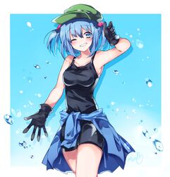  arm_up bad_id bad_pixiv_id bare_arms bare_shoulders bike_shorts black_gloves black_shorts black_tank_top blue_background blue_eyes blue_hair blue_jacket blush border breasts cabbie_hat clothes_around_waist commentary_request cowboy_shot drop_shadow female gloves gradient_background green_hat grin hair_between_eyes hair_bobbles hair_ornament hat head_tilt jacket jacket_around_waist kawashiro_nitori looking_at_viewer medium_breasts one_eye_closed outside_border short_hair short_shorts shorts sidelocks signature smile solo standing tank_top thighs touhou two_side_up water_drop white_border yukimiya_(parupunta) 