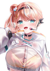  absurdres black_choker blue_eyes breasts buttons choker cleavage crop_top crop_top_overhang female green_nails hair_bun hairband hand_up high_collar highres igarashi_rika igarashi_rika_(2nd_costume) large_breasts long_hair long_sleeves looking_at_viewer multicolored_hair nail_polish nijisanji oerba_yun_fang open_mouth orange_hair puffy_long_sleeves puffy_sleeves revealing_clothes see-through see-through_cleavage see-through_shirt shira_jun shirt side_ponytail single_side_bun smile solo streaked_hair upper_body virtual_youtuber white_shirt yellow_shirt 