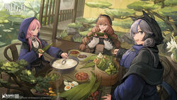  3girls :d ahoge arknights basket beans belt beret black_headwear blue_eyes blue_hair blue_jacket blue_poison_(arknights) bowl braid brown_hair chair chestnut chinese_commentary commentary coney cooking copyright_name cuora_(arknights) dragon_boat_festival egg egg_(food) food glaucus_(arknights) grey_hair hardboiled_egg hat highres holding holding_spoon hood hooded_jacket jacket leaf long_hair long_sleeves low_twintails meat midriff multicolored_hair multiple_girls mushroom navel off_shoulder official_art open_mouth pink_hair rice shirt smile spoon stomach strapless streaked_hair table tail tree tube_top twin_braids twintails very_long_hair white_belt white_shirt zongzi 