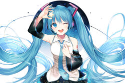  ;d arm_up bare_shoulders black_skirt blue_eyes blue_hair blue_necktie blush breasts commentary cowboy_shot detached_sleeves female hair_between_eyes hand_up hatsune_miku hatsune_miku_(vocaloid3) headphones headset holding kh_(kh_1128) long_hair long_sleeves looking_at_viewer miniskirt necktie one_eye_closed open_mouth photoshop_(medium) pleated_skirt shirt simple_background skirt sleeveless sleeveless_shirt small_breasts smile solo star_(symbol) twintails very_long_hair vocaloid white_background white_shirt wide_sleeves 