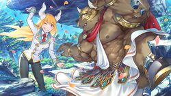  1boy animal_ears armband astarte_(housamo) asterius_(housamo) bara blonde_hair blush breasts brown_fur cape cow_ears cow_horns daihukudokoro dark-skinned_male dark_skin female furry furry_male helmet holding horns huge_eyebrows large_pectorals loincloth long_hair looking_at_another minotaur muscular muscular_male necktie nipples nose_piercing official_art open_mouth pectorals piercing rock shirt shoes smile thighs third-party_source tokyo_afterschool_summoners uniform white_shirt 