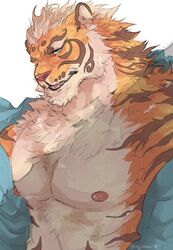  abs anthro blue_eyes countershading felid fur hair lin_hu male mammal multicolored_body multicolored_fur muscular muscular_anthro muscular_male nekojishi nipples orange_body orange_fur orenjimaru pantherine pecs signature solo striped_body striped_fur stripes studio_klondike tiger two_tone_body two_tone_fur white_body white_fur 