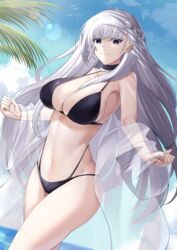  absurdres azur_lane bare_shoulders belfast_(azur_lane) bikini black_bikini black_choker blue_eyes blue_sky braid breasts choker cleavage closed_mouth cloud collarbone commentary commission cowboy_shot day female french_braid groin highres large_breasts long_hair looking_at_viewer navel off_shoulder outdoors pixiv_commission sky smile solo standing stomach summer swimsuit swimsuit_cover-up thighs very_long_hair white_hair yan_lie 