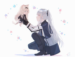  2girls ak-12_(girls&#039;_frontline) an-94_(girls&#039;_frontline) animal_ears ankodesoy black_gloves blue_eyes cat_ears cat_tail chibi commentary full_body girls&#039;_frontline gloves hair_ornament hairband holding long_hair long_sleeves looking_at_another multiple_girls platinum_blonde_hair ponytail squatting symbol-only_commentary tail unusually_open_eyes white_hair 