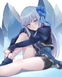  :3 black_shorts blue_eyes blue_flower blue_footwear blue_hair blue_jacket blue_shirt blush closed_mouth feet_out_of_frame female flower hair_flower hair_ornament hand_up highres ice isekai_ojisan jacket juliet_sleeves knee_up light_blue_hair long_hair long_sleeves looking_at_viewer mabel_raybert open_clothes open_jacket puffy_sleeves rena_sakuma shirt short_shorts shorts sitting sleeves_past_wrists solo white_background 