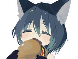  animal_ear_fluff animal_ears bare_shoulders black_gloves blue_hair blush burger closed_eyes commentary_request facing_viewer female food gloves hair_between_eyes holding holding_food oerba_yun_fang open_mouth original pappii_(paprika_shikiso) paprika_shikiso portrait simple_background solo white_background 