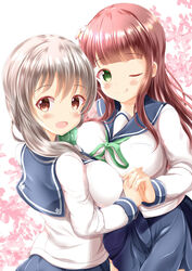  2girls :d ;q asymmetrical_docking blue_sailor_collar blue_skirt blush bow breast_press breasts brown_eyes brown_hair closed_mouth commentary_request crossover flower gochuumon_wa_usagi_desu_ka? green_bow green_eyes green_neckwear green_ribbons grey_hair hair_flower hair_ornament hairbow highres holding_hands interlocked_fingers koisuru_asteroid large_breasts long_hair long_sleeves looking_at_viewer medium_breasts morino_mari multiple_girls neck_ribbon one_eye_closed open_mouth pleated_skirt ribbon sailor_collar school_uniform serafuku shirt skirt smile tongue tongue_out ujimatsu_chiya very_long_hair white_flower white_shirt xenon_(for_achieve) 